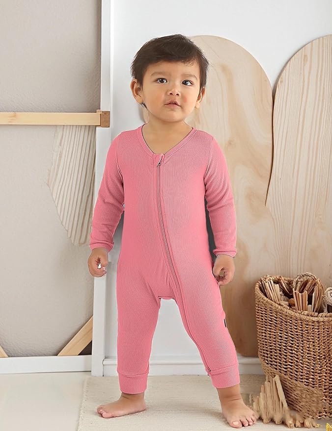 Jimonda Ribbed Rayon From Bamboo Baby Boys/Girls Sleepers, 2-Way Zipper Long Sleeve Footless Pajamas With Mittens Soft Pjs