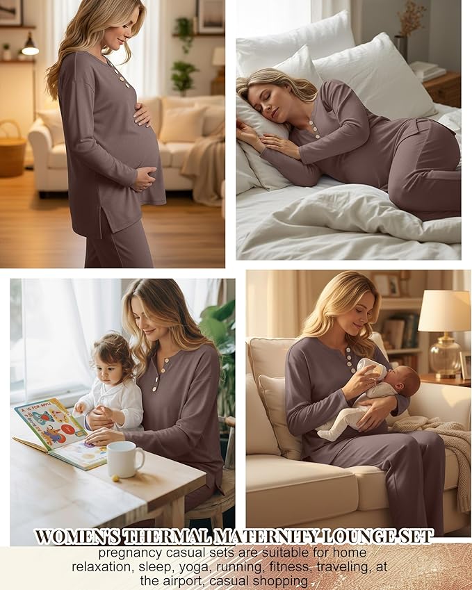 2 Piece Thermal Maternity Lounge Set Postpartum Pregnancy Fleece Loungewear Long Sleeve Top and Wide Leg Pant