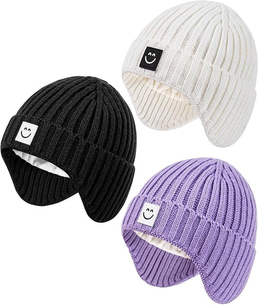 Alepo 3 Pack Baby Beanie Hats with Earflaps, 2 Size Baby Winter Hat for Toddler Kids, Fleece Lined Knit Hat for Girls Boys