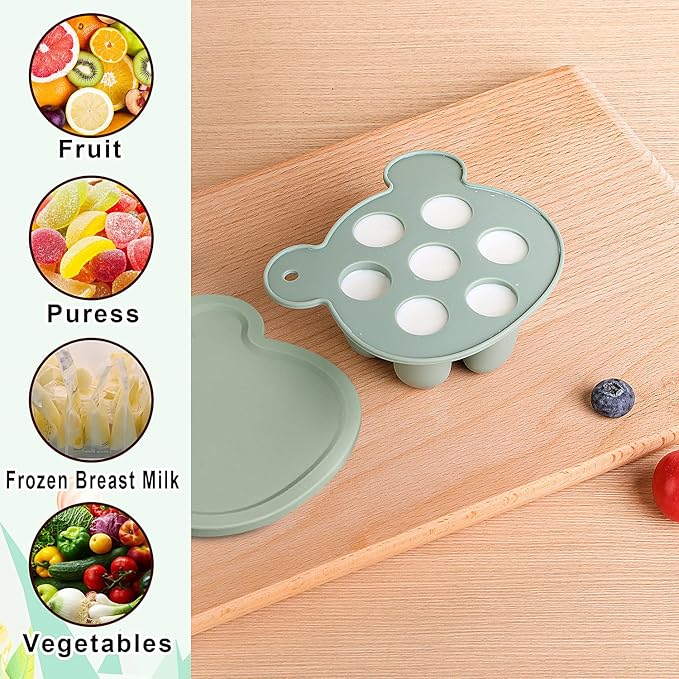 Baby Fruit Feeder & Breastmilk Popsicle Mold Set – 3 Pack Silicone Teething Relief Kit with Food Feeder Pacifier, Freezer Tray with Lid & Baby Teether (Pea Green)