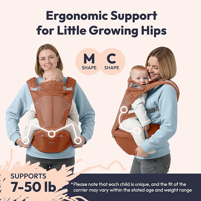 BabbleRoo Grow Carrier – Safety-Certified 6-in-1 Toddler & Baby Carrier with Hip Seat, Ergonomic & Adjustable Toddler Carrier 7-50 lbs with Hip Support, Hood for Sun Protection, Newborn to Toddler