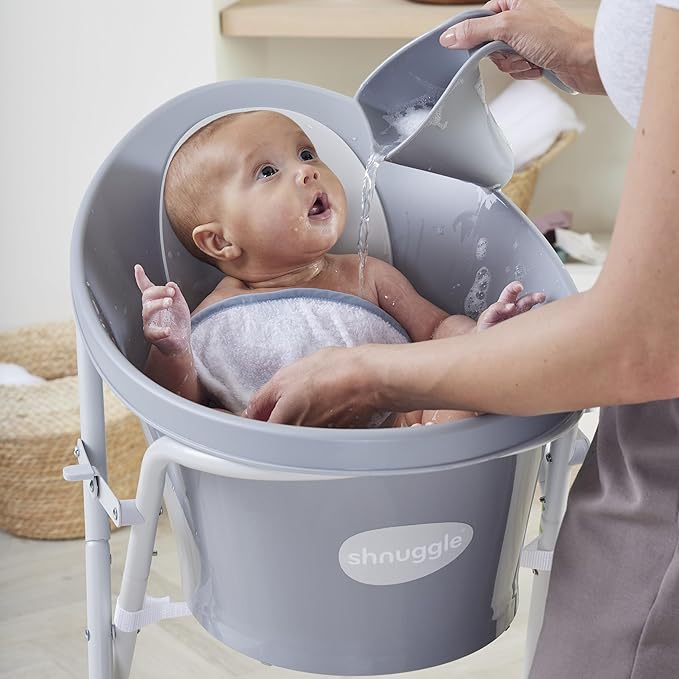 Shnuggle Newborn Baby Bath | Built in Support Bump and Soft Backrest | Suitable from Newborn | Bath Seat Support Includes Plug | Pebble Grey