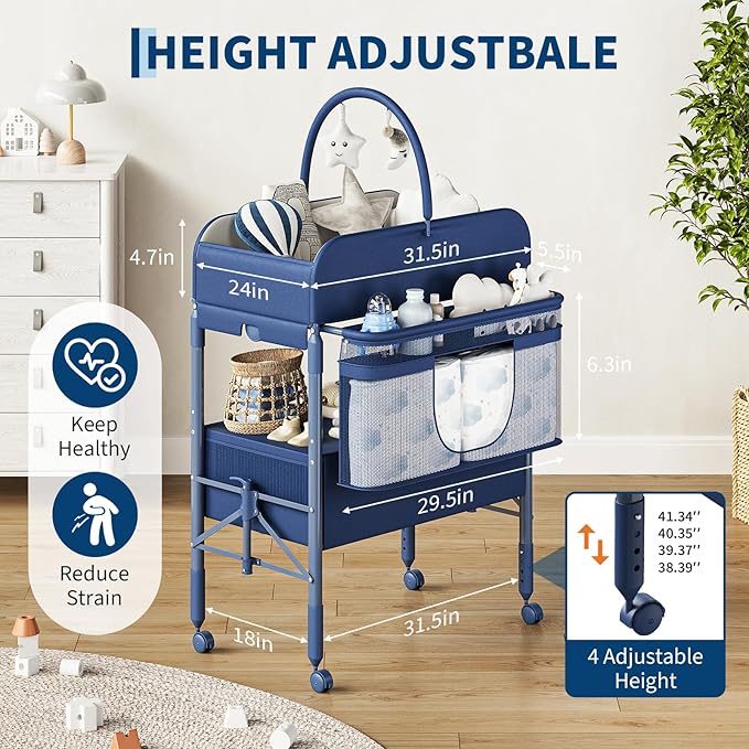Adjustable Height Baby Changing Table with Wheels, Collapsible Diaper Station with 2 Drawers & Storage, Mobile Nursery Organizer with Waterproof Top for Newborns
