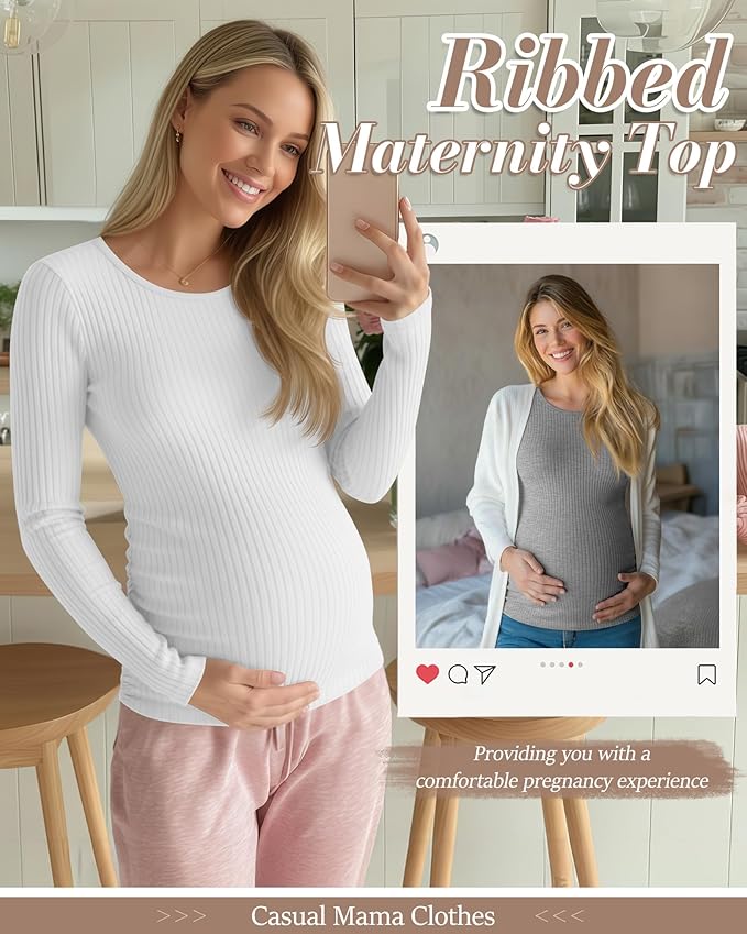 Huukeay 4 Pack Women's Maternity Shirts, Long Sleeve Cotton Ribbed Pregnancy Tops Side Ruched Crew Neck Casual Mama Clothes