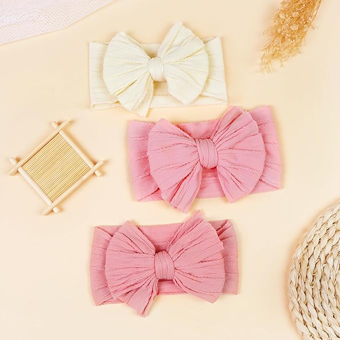 JOYOYO 3 Pcs Soft Wide Turban Baby Headbands with Double-Layer Bow for Baby Girls, Newborns, Toddlers(Beige, Pearl Pink, Pink)