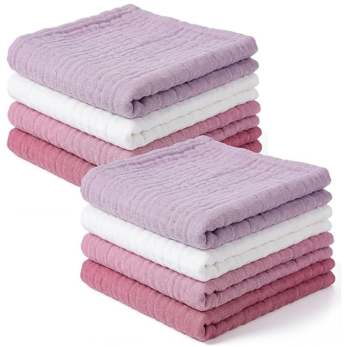 8 Pcs Baby Washcloths for Newborn 12 x 12 Inch Muslin Face Towels Cotton Absorbent for Delicate Skin Soft Muslin Cloth Reusable Baby Registry as Shower Gift, 4 Colors(Purple Color)