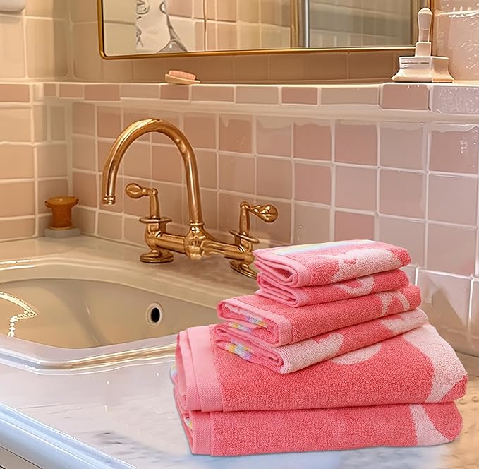 ORIGINAL KIDS 6 Piece Unicorn Towel Set - 100% Cotton Terry Jacquard – 2 Bath Towels, 2 Hand Towels, 2 Washcloths - 630 GSM Super Soft Absorbent Kids Bathroom Set - Pink Multicolor