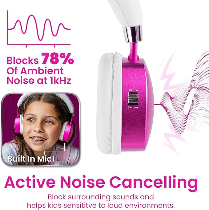 Puro Sound Labs Noise Cancelling Headphones for Kids - 85 dB Volume Limit, Built in Mic, 35-Hour Battery, Lightweight On Ear Design & Comfy Fit, Bluetooth Headphones for Kids – PuroQuiet Plus, Pink