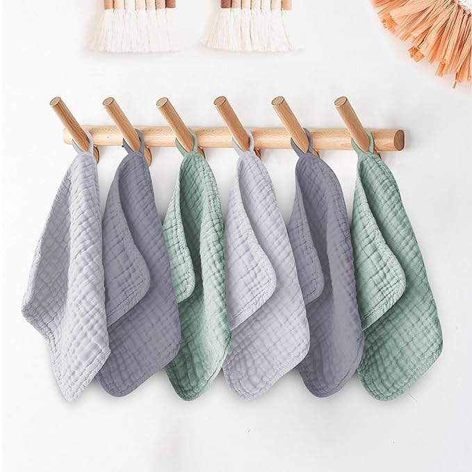 12 Pack Muslin Washcloths for Baby - 100% Cotton Baby Wash Cloths for or Baby Face Body Comfy and Soft for Newborn Infants Kids Girls and Boys - 12"x12" - Grey, Green and Slate