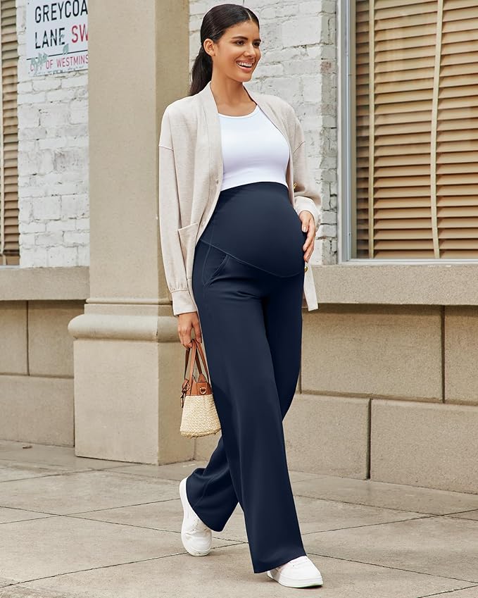 G4Free Maternity Pants Over The Belly Yoga Dress Work Pregnancy Pants Stretchy Lounge Wide Leg Trousers with Pockets