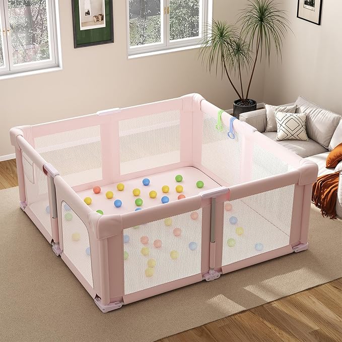 51" Foldable Baby Playpen with Mat, Playpen for Babies and Toddlers with Ocean Balls and Pull Links, Soft Breathable and Visible Mesh, Indoor and Outdoor Play Pen, Pink