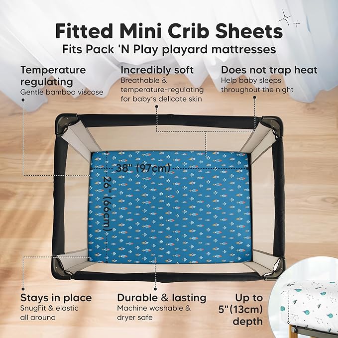 Pack and Play Sheets Fitted - 2-Pack Mini Crib Sheets for Pack N Play Mattress 38x26, Soft & Cozy, Neutral Toddler Playard Bedding, Snug Fitted Mini Baby Crib Mattress Cover Boy, Girl (Space Quest)