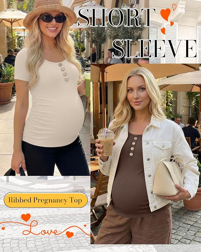 4 Pack Womens Maternity Shirts Scoop Neck Cotton Short Sleeve Ribbed Pregnancy Top Henley Side Ruched Mama Clothes
