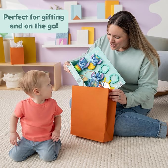 Bright Starts Disney Baby Stitch Tropical Treasures Gift Set with 4 Stitch Inspired Toys Including Baby-Safe Mirror and Teether, Newborns & Up