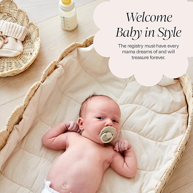 Bebe Bask Premium Baby Changing Basket - Artisan-Crafted Scalloped Rattan - Changing Basket for Baby Dresser - All Accessories Included - Complete Set for Nursery (Natural) | Premium, Artisan-Crafted, Changing Basket, Baby Dresser, Complete Set
