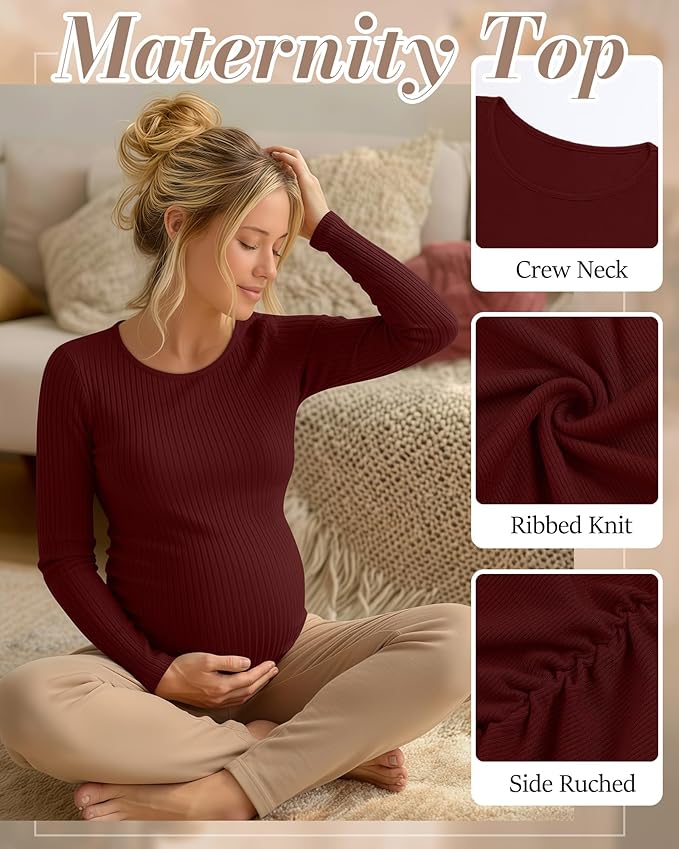 Huukeay 4 Pack Women's Maternity Shirts, Long Sleeve Cotton Ribbed Pregnancy Tops Side Ruched Crew Neck Casual Mama Clothes