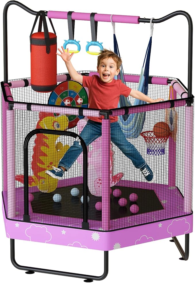 LAMERGE 55" 7-in-1 Round Trampoline for Kids Boys & Girls Ages 1-8, Indoor & Outdoor Trampoline for Fun, Adjustable Height Handrail ＆ Enclosed Safety Net ＆ Durable Designs for Toddlers Children