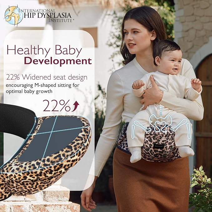 Momcozy Hip Seat Baby Carrier - Adjustable Waistband with Original 3D Belly Protector, Ergonomic Carrier with Various Pockets for Newborns & Toddlers up to 45lbs (Leopard, Large)