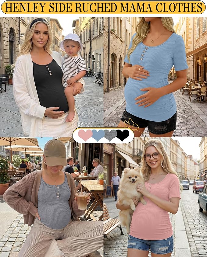 4 Pack Womens Maternity Shirts Scoop Neck Cotton Short Sleeve Ribbed Pregnancy Top Henley Side Ruched Mama Clothes
