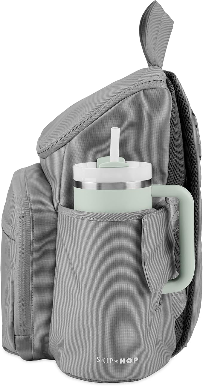 Skip Hop Diaper Bag Backpack with Portable Changing Pad Adjustable Pocket for 30 oz. Tumblers 9 Total Pockets Insulated Packing Cubes Luggage Sleeve & Stroller Straps Fits a 14” Laptop Forma Next Grey