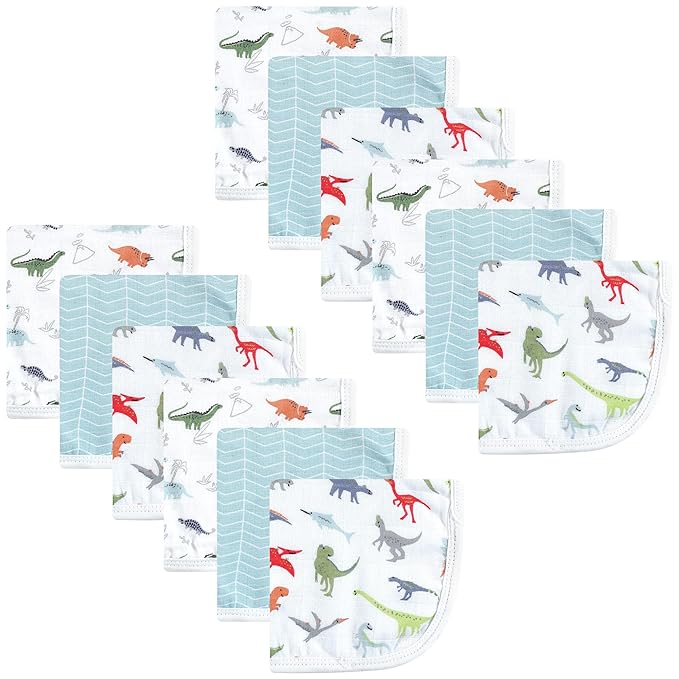 Hudson Baby Unisex Baby Cotton Muslin Washcloths, Dino, 10x10 in