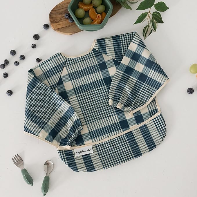 Tiny Twinkle Long Sleeve Bib for Babies & Toddlers | Waterproof Smock Bib for Eating | Machine Washable & Mess-Proof Feeding Essentials | Newborn Shower Gift (Gingham, Small 6-24 Months)