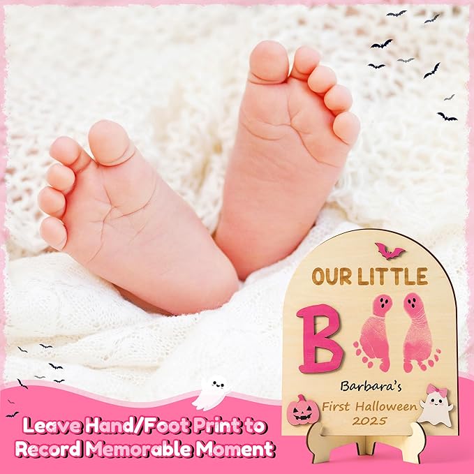 R HORSE DIY Halloween Footprint or Handprint Art Sign with Ink Pad, 3D Pink Pumpkin Newborn Milestone, Baby’s 1st Halloween Footprint Keepsake Craft Gift Our Little Boo Baby Shower Nursery Decor
