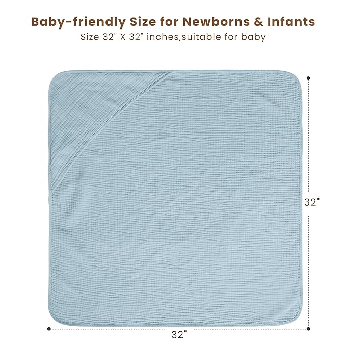 Konssy 2-Pack Muslin Hooded Baby Towels, 100% Cotton, Ultra-Soft & Absorbent Baby Bath Towels with Hood for Newborn & Infant (Blue, Star,32" x 32")