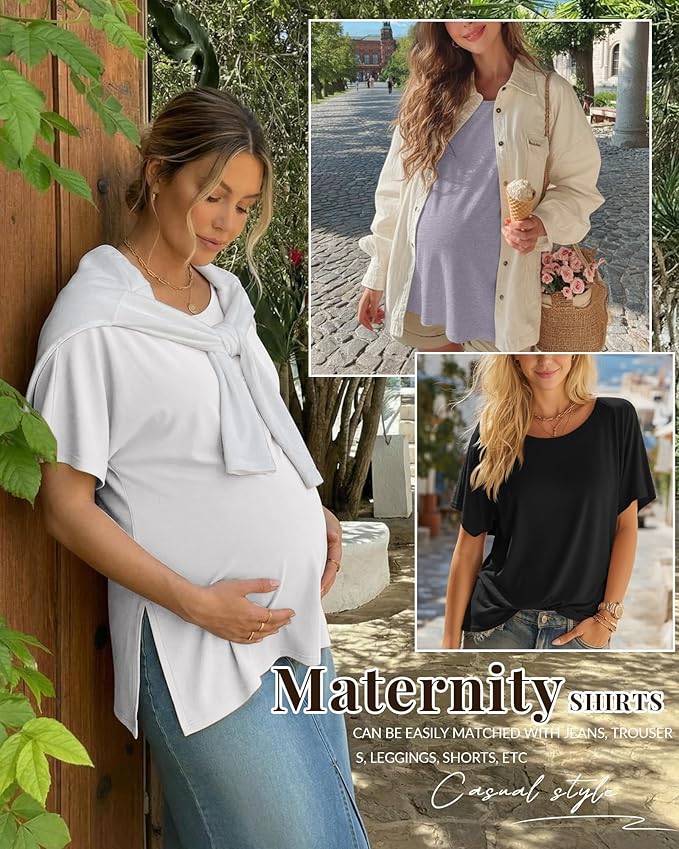 Riyiper 3 Pack Women's Maternity Tunic Shirts Cotton Summer Pregnancy Clothes Loose Oversized Split Side Blouse Tops