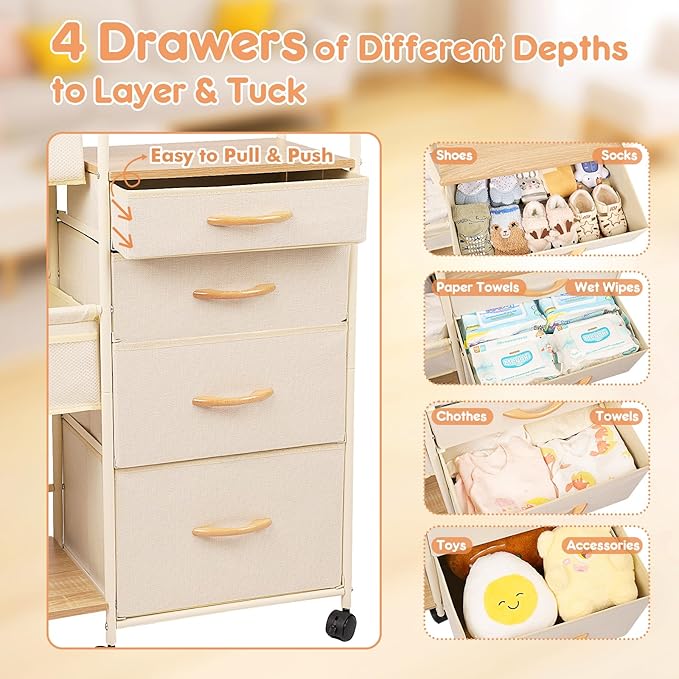 Fabuday Baby Diaper Caddy Organizer Cart - 4 Tier Rolling Diaper Cart with Wheels, Baby Essentials Organizers and Storage, Mobile Utility Carts for Bedside, Crib Nursery, Bedroom, Changing Table