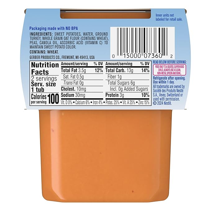Gerber Stage 2 Baby Food, Sweet Potato Turkey with Oats Puree Tub, Nourishing Blends, No Added Colors or Flavors, Baby Puree, 2-Pack