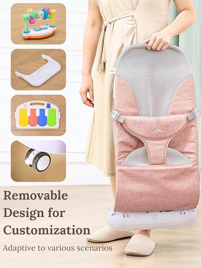 CuddoBaby Baby Bouncer 4-in-1 on Wheels |Detachable Pianos, Feeding Tray| 3-Level Recline Foldable Seat with Play Bar for Infant to Toddler 0-6, 0-12, 12-24 Months, Girl Gift Idea - Pink