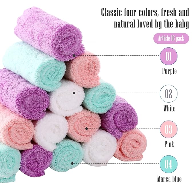 Cute Castle Ultra-Soft Baby Washcloths, 16 Pack - 9" by 9", Gentle on Sensitive Skin for Face and Body, Plush, Super Absorbent Wash Clothes for Girls and Boys, White+Pink+Purple+Frozen Blue