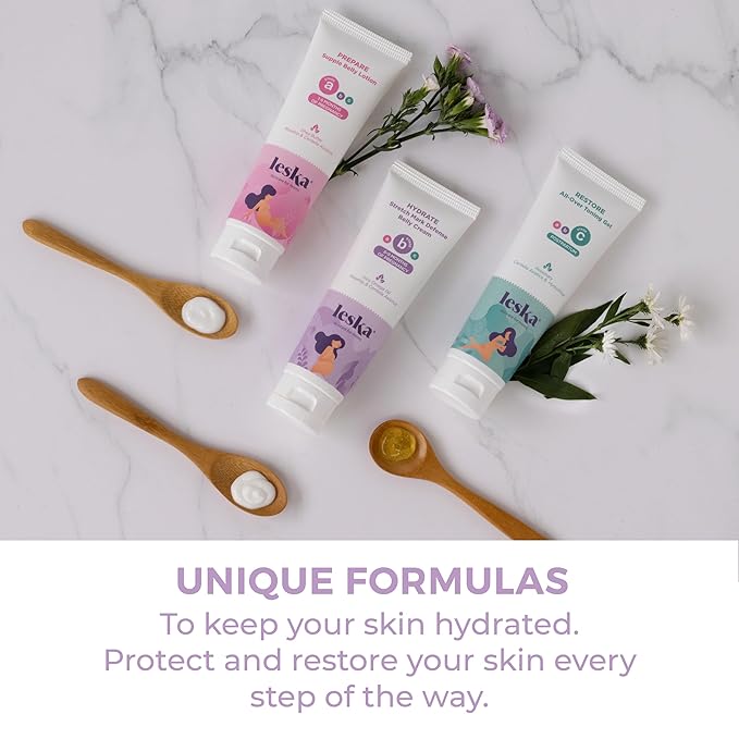 Leska Maternity Set | Belly Lotion, Stretch Mark Defense Cream, All-Over Toning Gel | All Maternity Stages Skincare System for Pregnancy & Postpartum | New Mom Gifts (Set of 3, 4oz each)