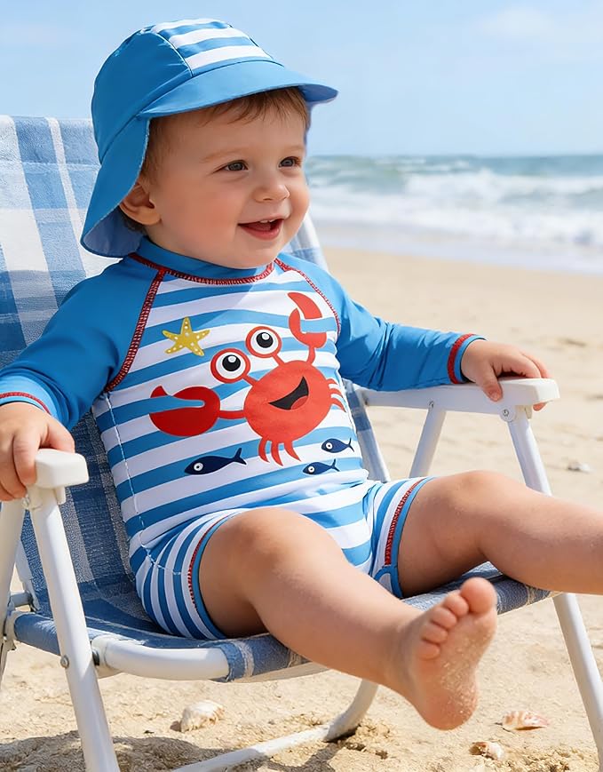 ADUKIDE Baby Boys Swimsuit Summer Beach Rash Guard Swimwear One Piece Sunsuit with Sun Hat 3-24 Months