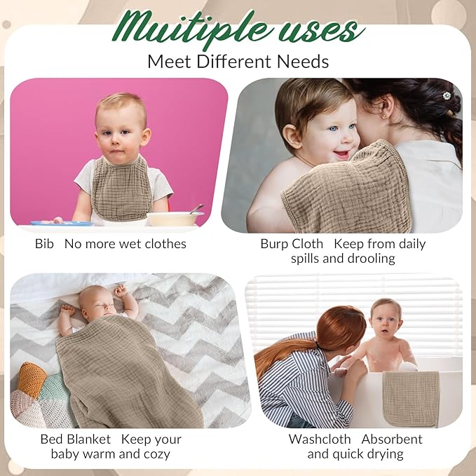 6 Pcs Muslin Hooded Bath Towels Washcloths and Bibs Set, Muslin Cotton Baby Towels Absorbent Hooded Blanket Towel Infant Bibs for Boys Girls Newborn Infant Essential(Dark Green, Beige)