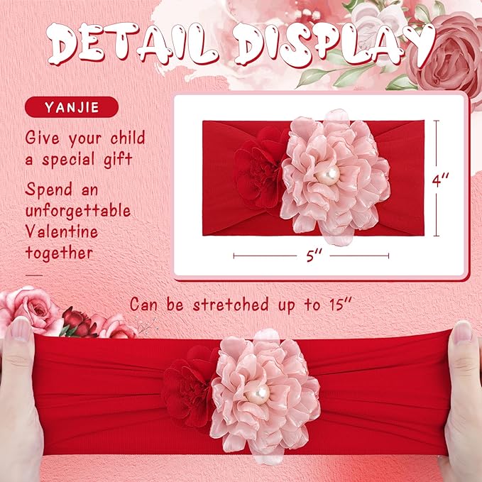 YanJie Valentines Baby Girl Headbands Bows Red Hair Bows Newborn Headbands Heart Wide Hairbands Pink Flower Headband Baby Hair Accessories Infant