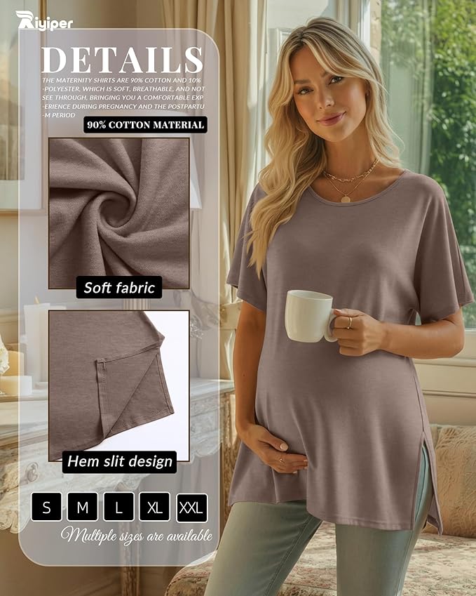 Riyiper 3 Pack Women's Maternity Tunic Shirts Cotton Summer Pregnancy Clothes Loose Oversized Split Side Blouse Tops