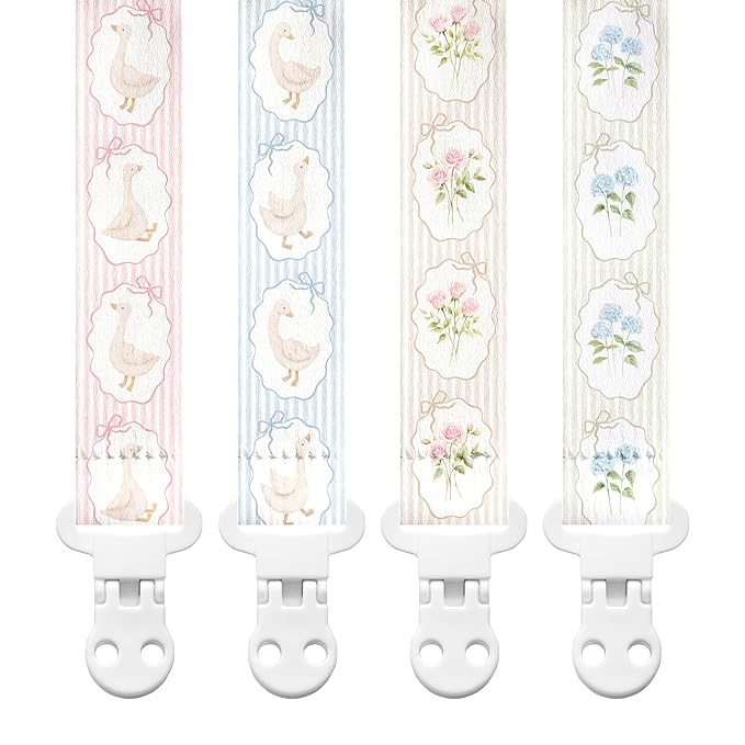 Stadela Baby Fabric Pacifier Clip Holder, Plastic Clip, 4‑Pack, Cottagecore Pattern, Silly Goose Set