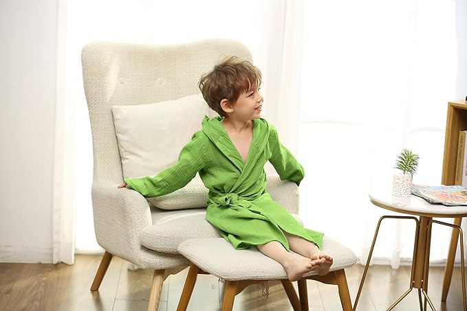 Organic Cotton Toddler Bathrobe, Soft and Breathable Baby Robe for Kid, Boy& Girl Hooded Robe Muslin