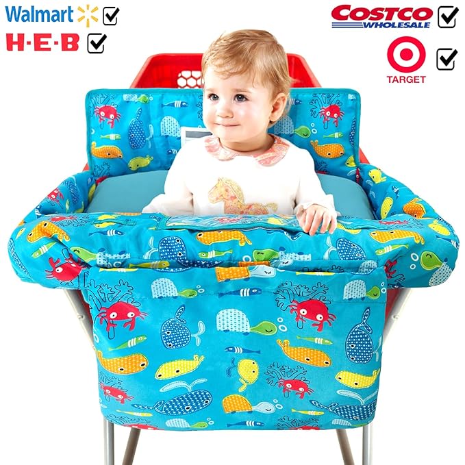 Love&go Soft Pillow Attached 2-in-1 Shopping Cart and High Chair Cover for Baby~Padded~Fold'n Roll Style~Portable with Free Carry Bag (Blue Seaworld)