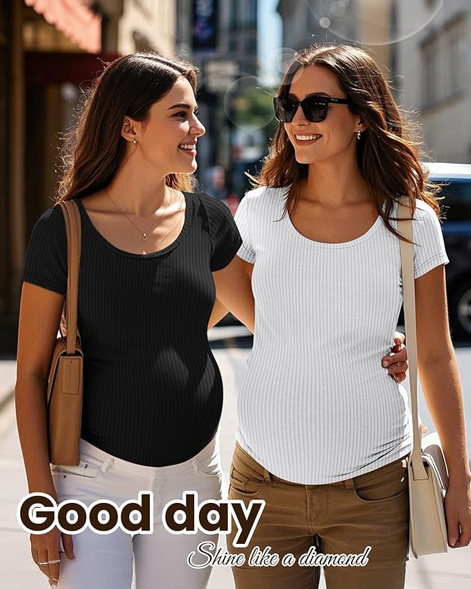 Neer 3 Pack Women's Ribbed Maternity Tops Pregnancy Round Neck Shirts Short Sleeve Soft Maternity Clothes for Mama