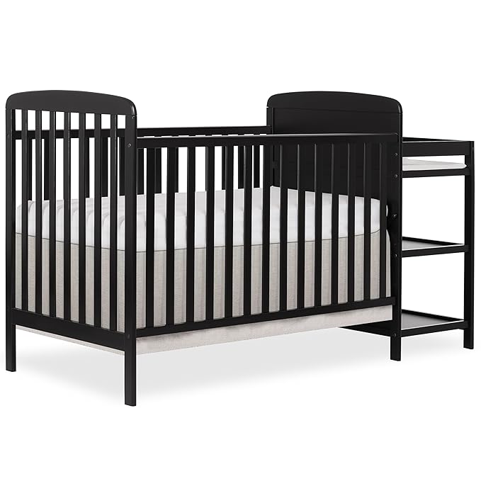 Dream On Me Anna 3-in-1 Convertible Full-Size Baby Crib & Changer with Storage in Black, GreenGuard Gold & JPMA, Pinewood, Converts to Day & Toddler Bed, 3 Mattress Heights, 1″ Changing Pad