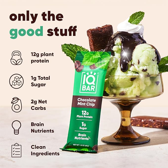 IQBAR Brain and Body Clean Plant Protein Bars - Chocolate Mint Chip - 36 Bars - Keto, Vegan, High Fiber, Gluten and Dairy Free, Low Sugar Snack with Nutrients for Focus, Energy, Meal Replacement