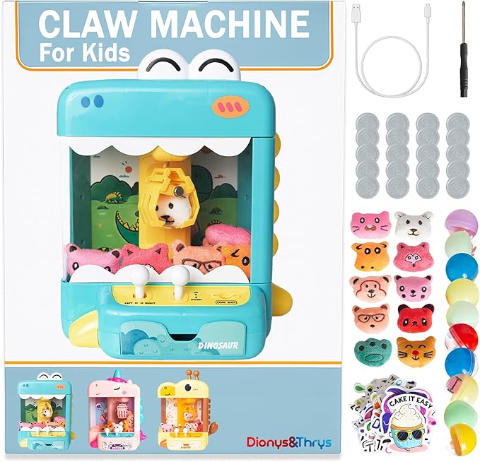 Claw Machine for Kids - Mini Arcade Game - Vending Machine - Candy Grabber Toys - Silent Mode, Lights, USB - Plush Toys & Easter Eggs, Surprise Stickers - Fun Gift for Kids, Boys & Girls (Dinosaur)