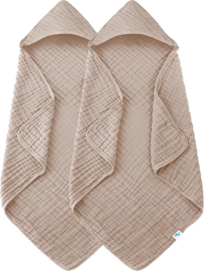 SWEET DOLPHIN Muslin Hooded Baby Bath Towels - 2 Pack 100% Cotton Towel for Babies, Infants, Toddlers - 32x32Inch - Highly Absorbent and Newborn Essential, Brown