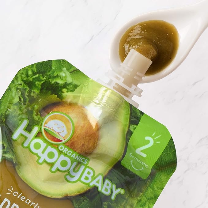 Happy Baby Organics Stage 2 Baby Food Pouches, Gluten Free, Vegan & Healthy Snack, Clearly Crafted Fruit & Veggie Puree, Apples, Kale & Avocados, 4 Ounces (Pack of 16)