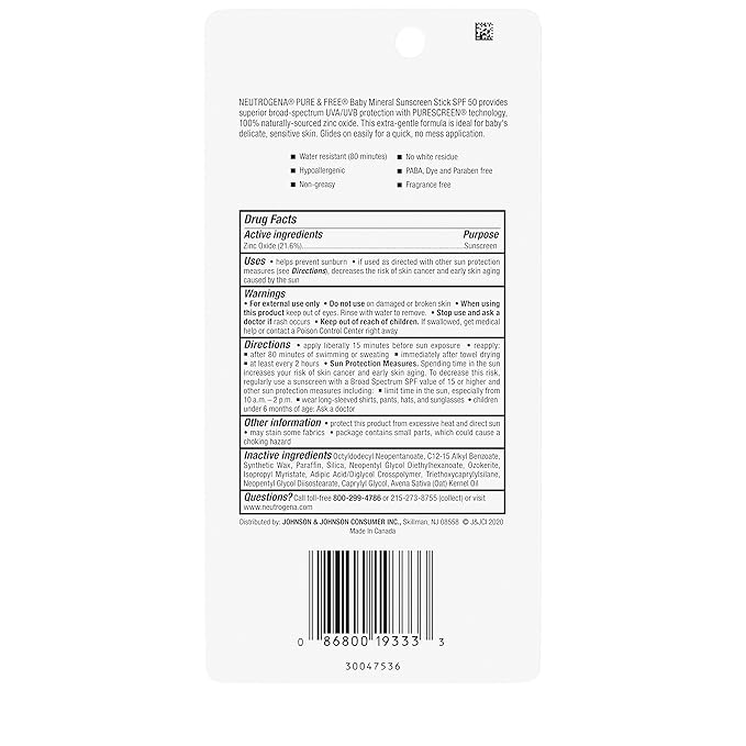 Neutrogena Pure & Free Baby Mineral Sunscreen Stick with Broad Spectrum SPF 50 & Zinc Oxide, Water-Resistant, Hypoallergenic, Paraben-, Dye- & PABA-Free Baby Face & Body Sunscreen, 0.47 oz