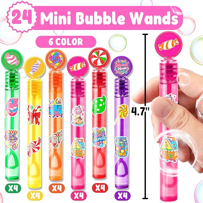 Candyland Party Favors for Kids – 24PCS Sweet-Themed Mini Bubble Wands, Great for Birthday Supplies, Pinata Fillers, Goodie Bags & Classroom Rewards