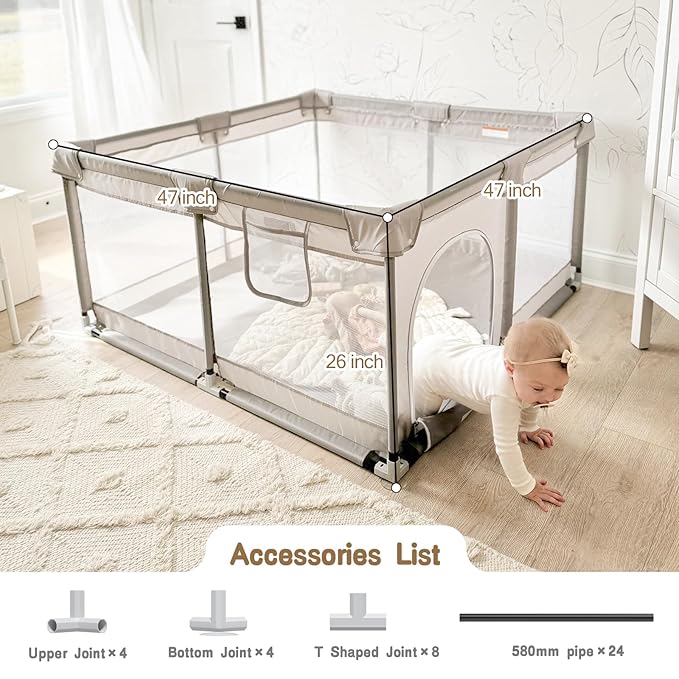 ZEEBABA Baby Playpen with Mat, 47x47inch Playpen for Babies and Toddlers, Small Baby Play Pens, Play Yard for Infants with 47" Play Mat, Playard with Gate
